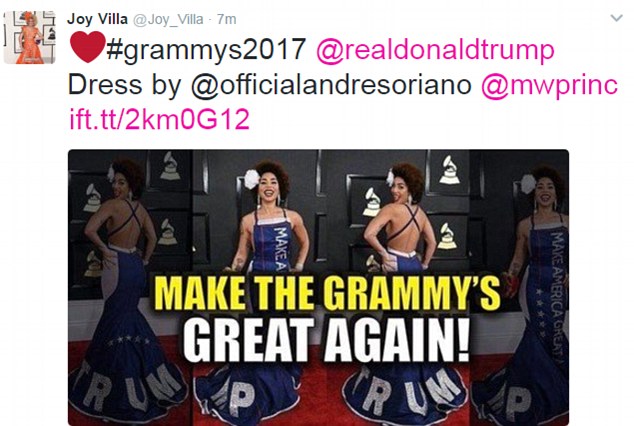 The singer's 'pro-Trump' dress was also made by fashion designer Andre Soriano, according to Villa who also tweeted at Trump letting him know she wore the gown