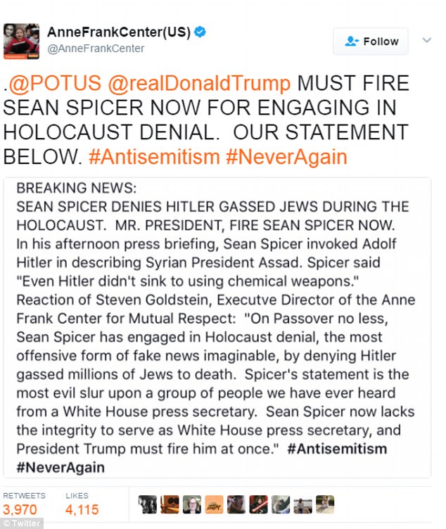 The Anne Frank Center for Mutual Respect, a social justice group loosely tied to the late Anne Frank, called on President Donald Trump to fire Spicer shortly after he said Adolf Hitler had never used chemical weapons