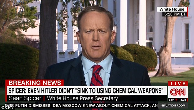 Press Secretary Sean Spicer (pictured) went on CNN this afternoon to apologize for comments he made comparing Hitler, more favorably, to Syrian dictator Bashar al-Assad 